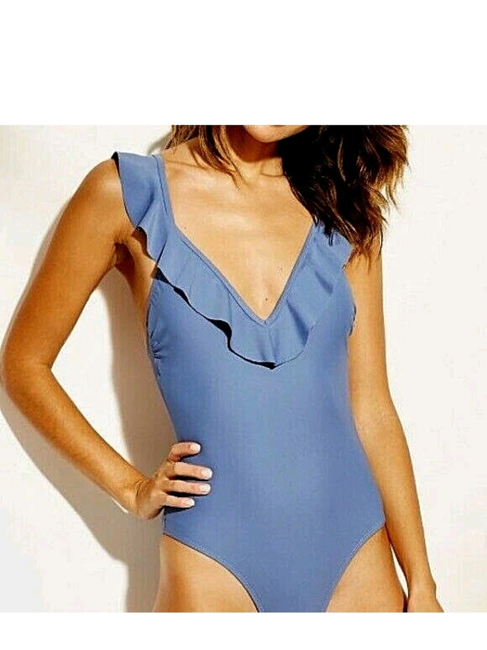 Blue Plunging Neckline Ruffle One-Piece Swimsuit Sz Small